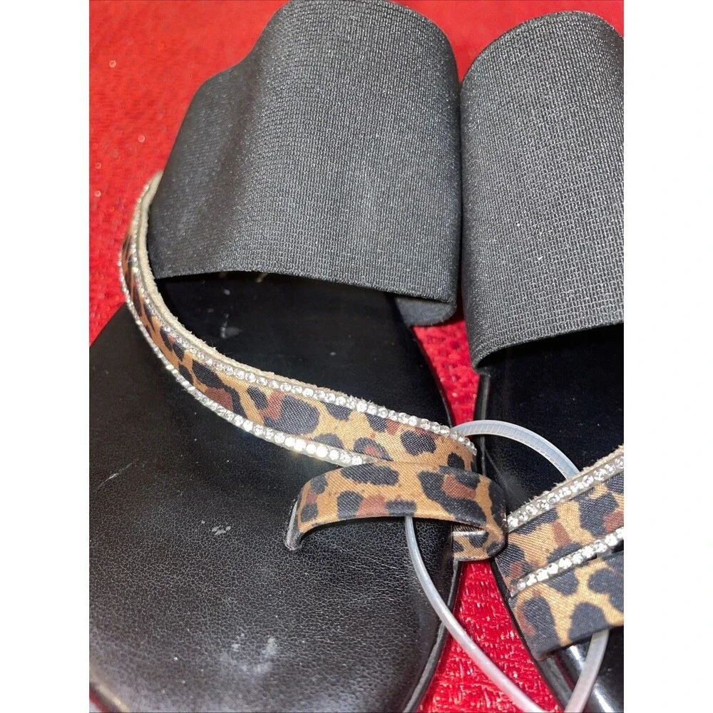 Toscanella Women's Black Brown Animal Print Rhinestone Thong Sandals Slip-On 7